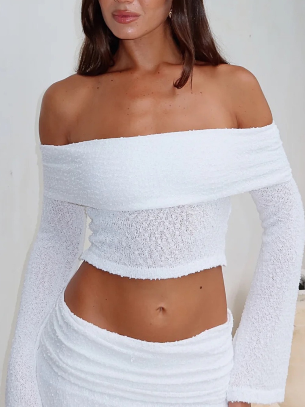 White Fox Off-Shoulder White Textured Crop Top